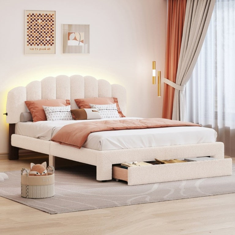 English Elm Teddy Fleece Queen Platform Bed with LED Lighting USB Ports and Under Bed Storage WF309187AAA