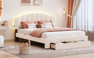 English Elm Teddy Fleece Queen Platform Bed with LED Lighting USB Ports and Under Bed Storage WF309187AAA