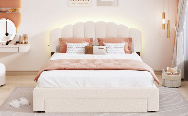 English Elm Teddy Fleece Queen Platform Bed with LED Lighting USB Ports and Under Bed Storage WF309187AAA