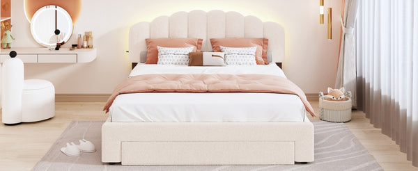 English Elm Teddy Fleece Queen Platform Bed with LED Lighting USB Ports and Under Bed Storage WF309187AAA
