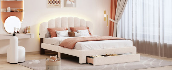 English Elm Teddy Fleece Queen Platform Bed with LED Lighting USB Ports and Under Bed Storage WF309187AAA