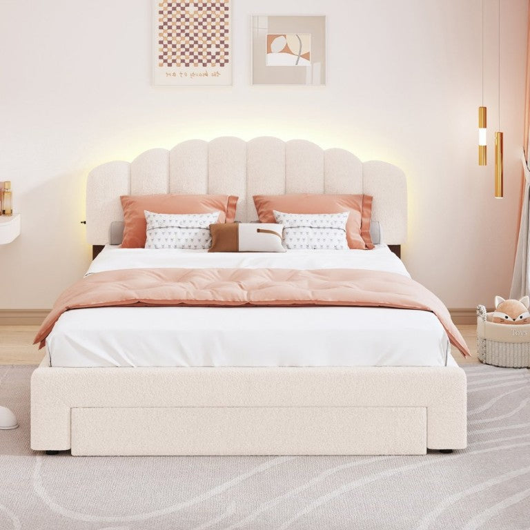 English Elm Teddy Fleece Queen Platform Bed with LED Lighting USB Ports and Under Bed Storage WF309187AAA