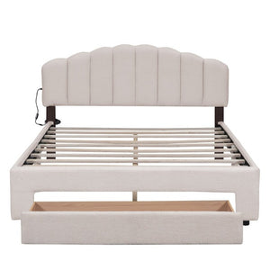 English Elm Teddy Fleece Queen Platform Bed with LED Lighting USB Ports and Under Bed Storage WF309187AAA
