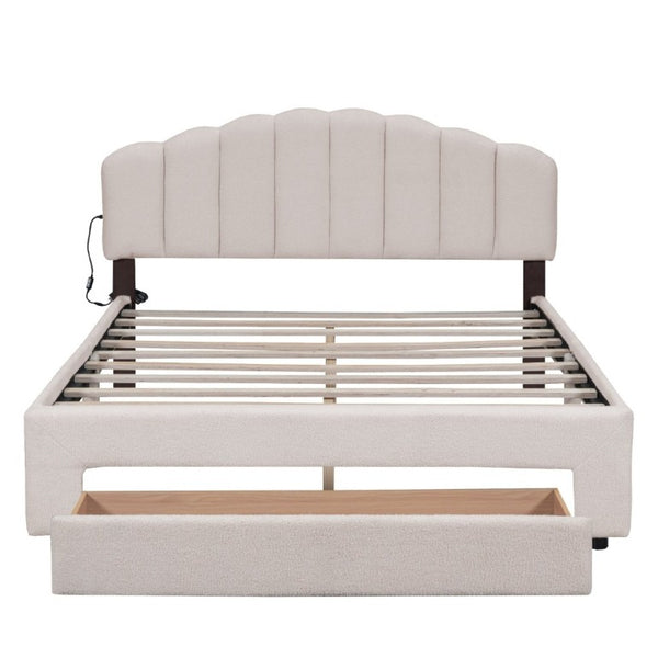 English Elm Teddy Fleece Queen Platform Bed with LED Lighting USB Ports and Under Bed Storage WF309187AAA