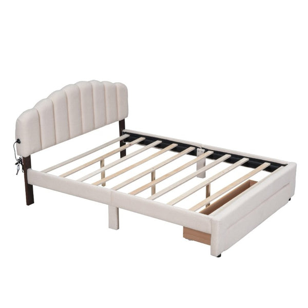 English Elm Teddy Fleece Queen Platform Bed with LED Lighting USB Ports and Under Bed Storage WF309187AAA