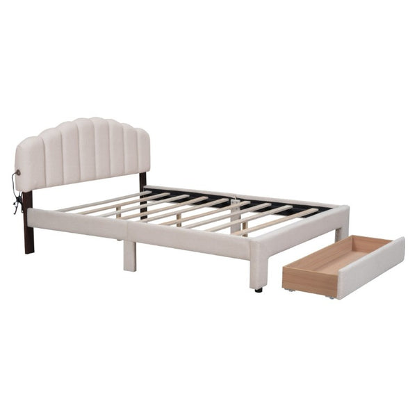 English Elm Teddy Fleece Queen Platform Bed with LED Lighting USB Ports and Under Bed Storage WF309187AAA