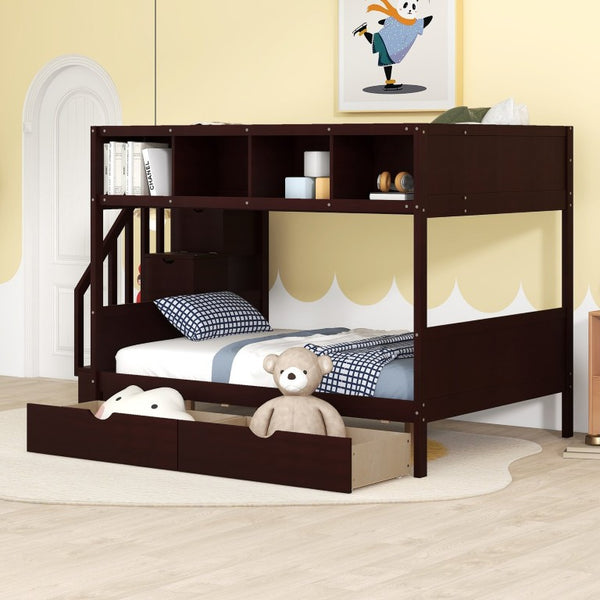 English Elm 1/3 Twin Over Full Solid Pine Bunk Bed with Stair Storage and Under Bed Drawers WF309398AAP