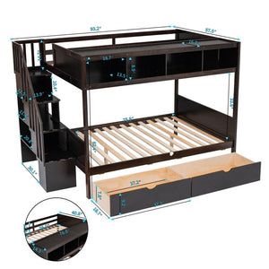 English Elm 1/3 Twin Over Full Solid Pine Bunk Bed with Stair Storage and Under Bed Drawers WF309398AAP