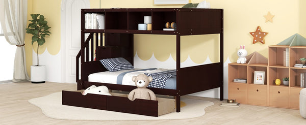 English Elm 1/3 Twin Over Full Solid Pine Bunk Bed with Stair Storage and Under Bed Drawers WF309398AAP