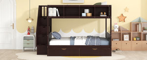 English Elm 1/3 Twin Over Full Solid Pine Bunk Bed with Stair Storage and Under Bed Drawers WF309398AAP