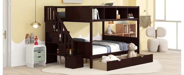 English Elm 1/3 Twin Over Full Solid Pine Bunk Bed with Stair Storage and Under Bed Drawers WF309398AAP