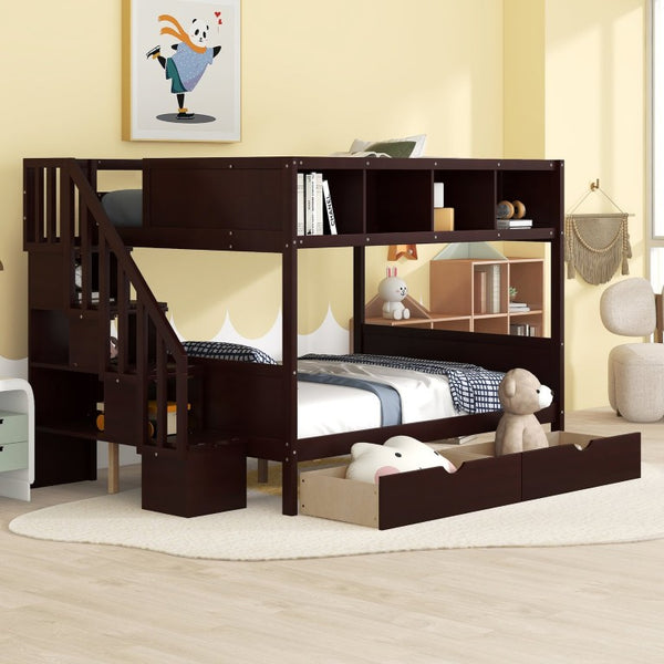 English Elm 1/3 Twin Over Full Solid Pine Bunk Bed with Stair Storage and Under Bed Drawers WF309398AAP