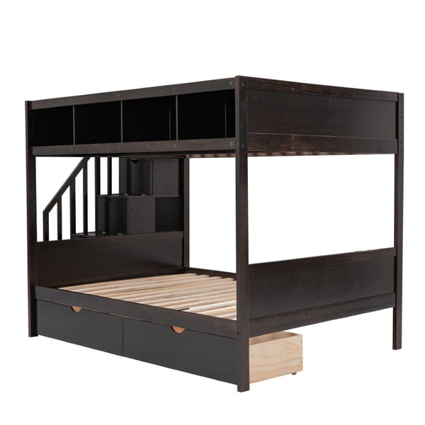 English Elm 1/3 Twin Over Full Solid Pine Bunk Bed with Stair Storage and Under Bed Drawers WF309398AAP