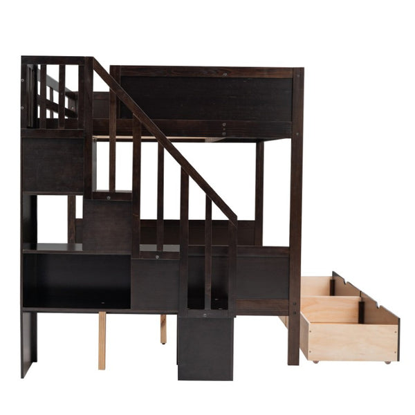 English Elm 1/3 Twin Over Full Solid Pine Bunk Bed with Stair Storage and Under Bed Drawers WF309398AAP