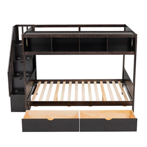 English Elm 1/3 Twin Over Full Solid Pine Bunk Bed with Stair Storage and Under Bed Drawers WF309398AAP