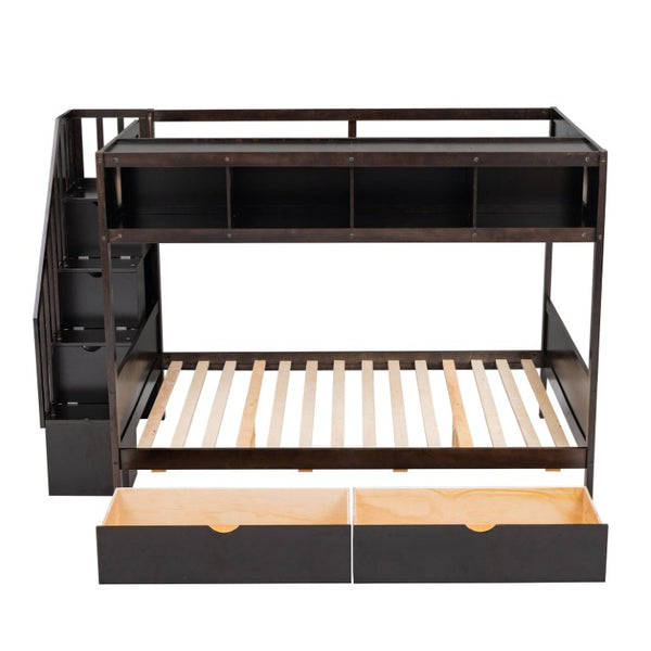 English Elm 1/3 Twin Over Full Solid Pine Bunk Bed with Stair Storage and Under Bed Drawers WF309398AAP