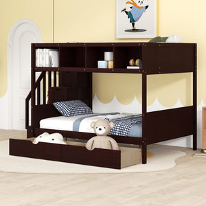 English Elm 2/3 Twin Over Full Staircase Bunk Bed Solid Pine Storage Drawers Espresso Finish WF309399AAP