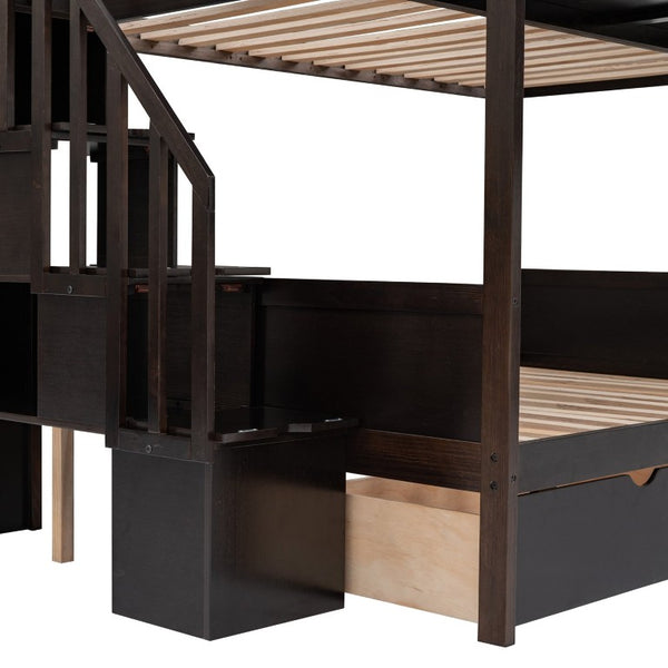 English Elm 2/3 Twin Over Full Staircase Bunk Bed Solid Pine Storage Drawers Espresso Finish WF309399AAP