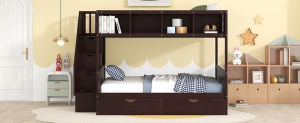 English Elm 2/3 Twin Over Full Staircase Bunk Bed Solid Pine Storage Drawers Espresso Finish WF309399AAP