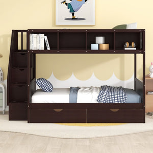 English Elm 2/3 Twin Over Full Staircase Bunk Bed Solid Pine Storage Drawers Espresso Finish WF309399AAP