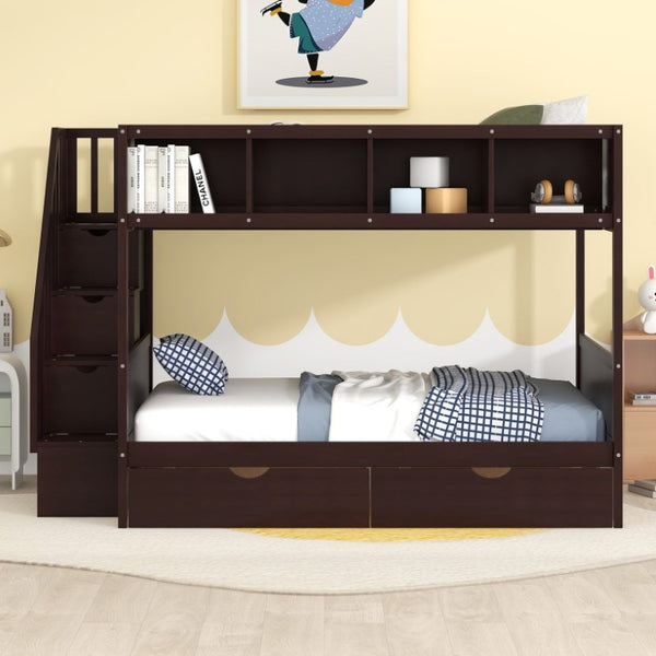 English Elm 2/3 Twin Over Full Staircase Bunk Bed Solid Pine Storage Drawers Espresso Finish WF309399AAP