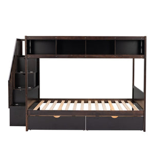 English Elm 2/3 Twin Over Full Staircase Bunk Bed Solid Pine Storage Drawers Espresso Finish WF309399AAP