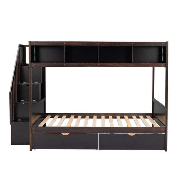 English Elm 2/3 Twin Over Full Staircase Bunk Bed Solid Pine Storage Drawers Espresso Finish WF309399AAP