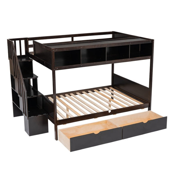 English Elm 2/3 Twin Over Full Staircase Bunk Bed Solid Pine Storage Drawers Espresso Finish WF309399AAP
