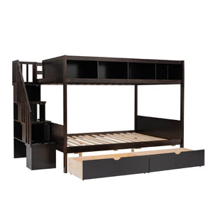 English Elm 2/3 Twin Over Full Staircase Bunk Bed Solid Pine Storage Drawers Espresso Finish WF309399AAP