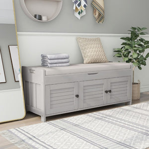 English Elm Trexm Rustic Entryway Bench with Shutter Doors Hidden Lift Top and Padded Linen Seat Gray Wash WF310529AAE