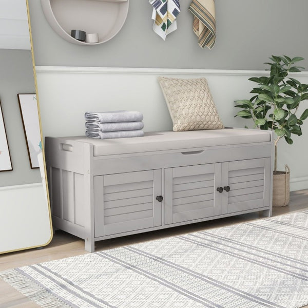 English Elm Trexm Rustic Entryway Bench with Shutter Doors Hidden Lift Top and Padded Linen Seat Gray Wash WF310529AAE