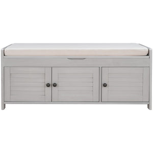 English Elm Trexm Rustic Entryway Bench with Shutter Doors Hidden Lift Top and Padded Linen Seat Gray Wash WF310529AAE
