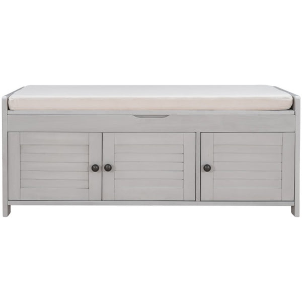 English Elm Trexm Rustic Entryway Bench with Shutter Doors Hidden Lift Top and Padded Linen Seat Gray Wash WF310529AAE