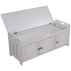 English Elm Trexm Rustic Entryway Bench with Shutter Doors Hidden Lift Top and Padded Linen Seat Gray Wash WF310529AAE