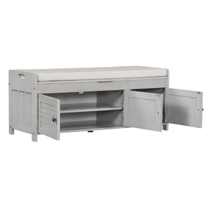 English Elm Trexm Rustic Entryway Bench with Shutter Doors Hidden Lift Top and Padded Linen Seat Gray Wash WF310529AAE