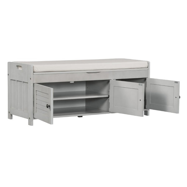 English Elm Trexm Rustic Entryway Bench with Shutter Doors Hidden Lift Top and Padded Linen Seat Gray Wash WF310529AAE