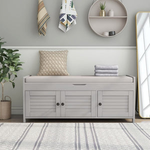 English Elm Trexm Rustic Entryway Bench with Shutter Doors Hidden Lift Top and Padded Linen Seat Gray Wash WF310529AAE