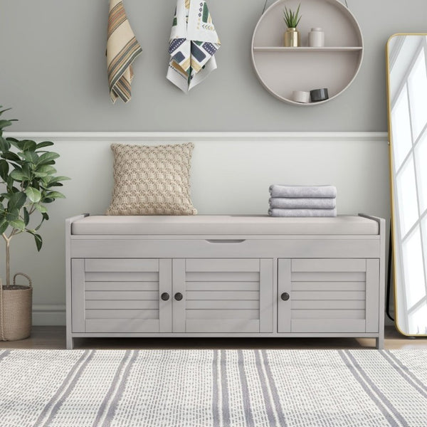 English Elm Trexm Rustic Entryway Bench with Shutter Doors Hidden Lift Top and Padded Linen Seat Gray Wash WF310529AAE