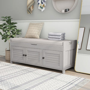English Elm Trexm Rustic Entryway Bench with Shutter Doors Hidden Lift Top and Padded Linen Seat Gray Wash WF310529AAE
