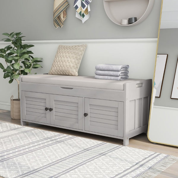 English Elm Trexm Rustic Entryway Bench with Shutter Doors Hidden Lift Top and Padded Linen Seat Gray Wash WF310529AAE