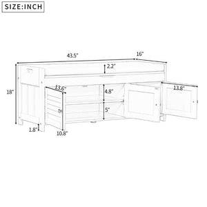 English Elm Trexm Rustic Entryway Bench with Shutter Doors Hidden Lift Top and Padded Linen Seat Gray Wash WF310529AAE