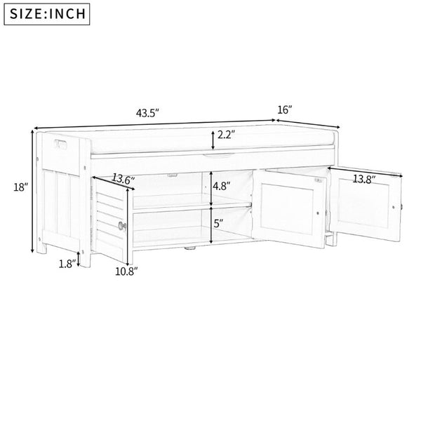 English Elm Trexm Rustic Entryway Bench with Shutter Doors Hidden Lift Top and Padded Linen Seat Gray Wash WF310529AAE