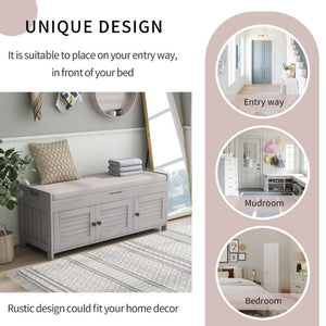 English Elm Trexm Rustic Entryway Bench with Shutter Doors Hidden Lift Top and Padded Linen Seat Gray Wash WF310529AAE