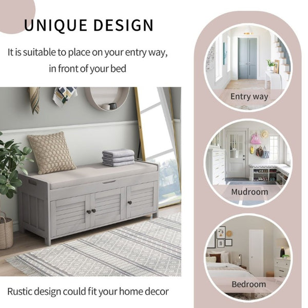 English Elm Trexm Rustic Entryway Bench with Shutter Doors Hidden Lift Top and Padded Linen Seat Gray Wash WF310529AAE