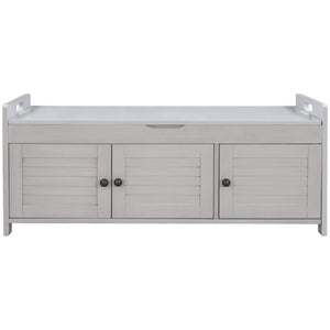 English Elm Trexm Rustic Entryway Bench with Shutter Doors Hidden Lift Top and Padded Linen Seat Gray Wash WF310529AAE