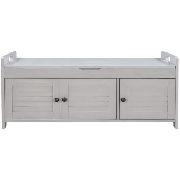 English Elm Trexm Rustic Entryway Bench with Shutter Doors Hidden Lift Top and Padded Linen Seat Gray Wash WF310529AAE