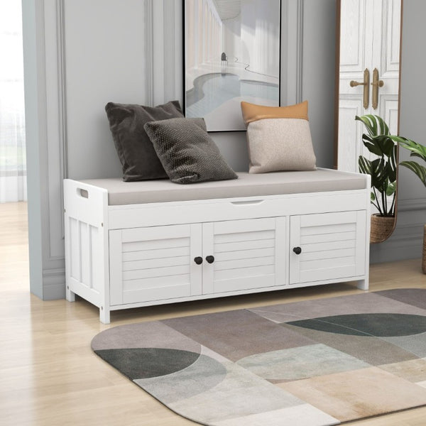 English Elm Trexm Farmhouse Entryway Storage Bench with Shutter Doors Hidden Cavity Cushion WF310529AAK