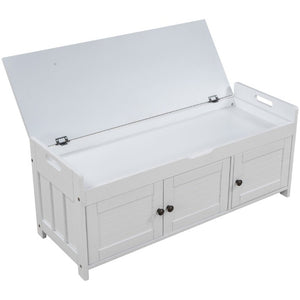 English Elm Trexm Farmhouse Entryway Storage Bench with Shutter Doors Hidden Cavity Cushion WF310529AAK