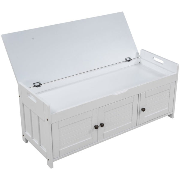 English Elm Trexm Farmhouse Entryway Storage Bench with Shutter Doors Hidden Cavity Cushion WF310529AAK