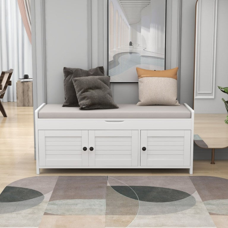 English Elm Trexm Farmhouse Entryway Storage Bench with Shutter Doors Hidden Cavity Cushion WF310529AAK